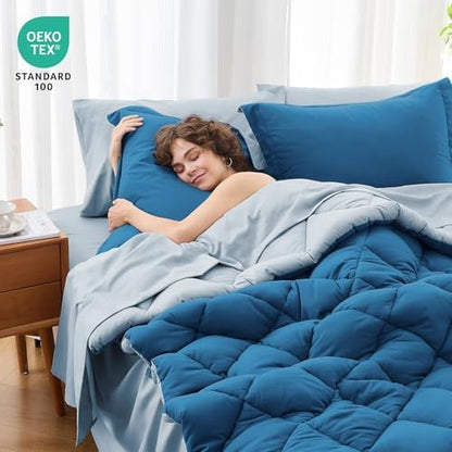 MUXHOMO 7 Pieces Full Comforter Set, Reversible Bed in a Bag Full Size, All Season Bedding Set with Comforter, Flat Sheet, Fitted Sheet, Pillowcases & Shams, Teal & Lake Blue