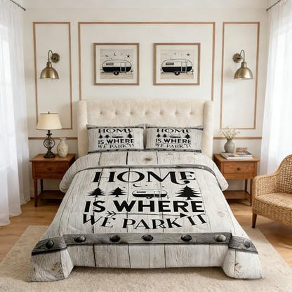 Camper RV Comforter Set Queen Size,Camping Travel Trailer Decor Bedding Set 3pcs for Kids Boys Girls Adults,Vintage Wooden Plank Cottage Down Comforter,Rustic Farmhouse Duvet Insert,2 Pillowcases