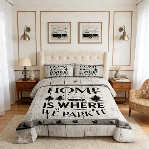 Camper RV Comforter Set Twin Size,Camping Travel Trailer Decor Bedding Set 2pcs for Kids Boys Girls Adults,Vintage Wooden Plank Cottage Down Comforter,Rustic Farmhouse Duvet Insert,1 Pillowcase