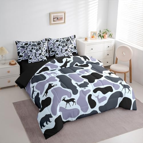 Erosebridal Hound Turkey 7 Piece Bedding Set Full Camo Comforter Set with Sheets Wolf Deer Bear Pattern Retro Bed in a Bag Grey Camouflage Army Woods for Kids Boys Girls