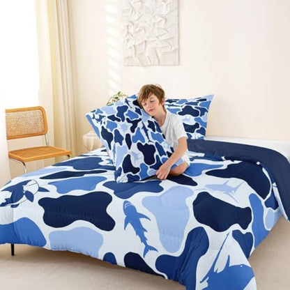 Feelyou Blue Camo Comforter Set Twin Size Shark Fish Bedding Set for Kids Boys Girls Camouflage Duvet Quilt Military Style Bedroom Decor Microfiber 2 Pcs with 1 Pillow Cases
