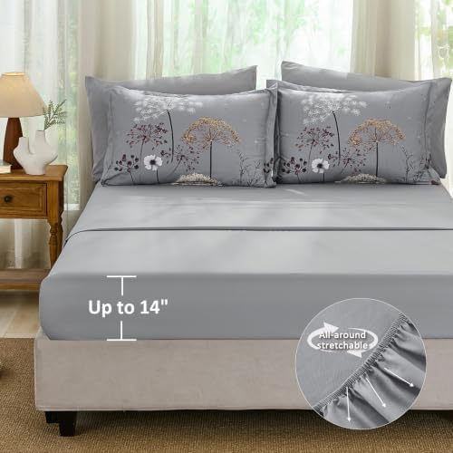 Yiran Queen Comforter Size Set, 7 Piece Grey Dandelion Floral Bed in a Bag