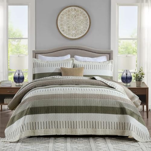Finlonte 100% Cotton King Size Quilt Set, Patchwork Striped King Quilt Bedding Set Farmhouse Bedspread, Lightweight Quilted Comforter Reversible Bed Spread for All Season, Green/Brown/Cream, 3 Pieces