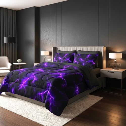 QOOMO Purple Lightning 7 Pieces Comforter Set King,Neon Bedding Set