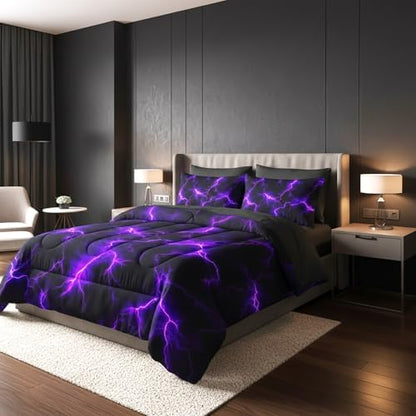 QOOMO Purple Lightning 7 Pieces Comforter Set Full,Neon Bedding Set