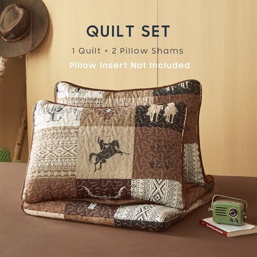 Wake In Cloud - Western Quilt Set, Southwestern Aztec Country Horse Cowboy Rustic Ranch Pattern Printed, Reversible Lightweight Bedspread Coverlet, 3 Pieces, Tan Brown, King Size