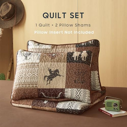 Wake In Cloud - Western Quilt Set, Southwestern Aztec Country Horse Cowboy Rustic Ranch Pattern Printed, Reversible Lightweight Bedspread Coverlet, 3 Pieces, Tan Brown, Twin/Twin XL Size