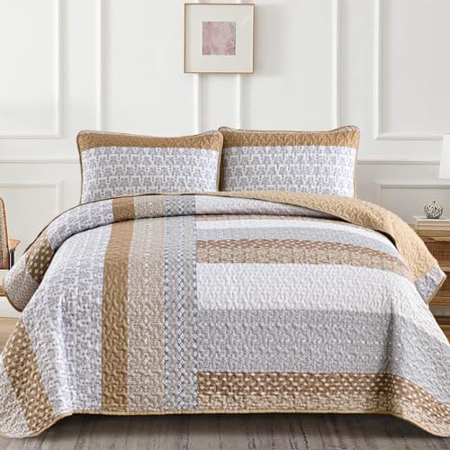 WONGS BEDDING Brown King Quilt Bedding Set, Bohemian Stripe Bedspread