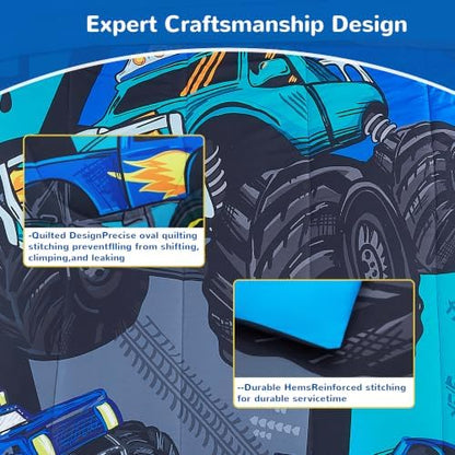 Viviland Kids Bedding Set Full Size Comforter Sets, Bed in Blue Patchwork Monster Truck Cover Set for Children