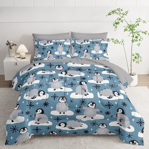 7Pcs Comforter Set Cartoon Penguin Black Snowflakes Printed Bedding Set with 1 Comforter,1 Flat Sheet,1 Fitted Sheet and 4 Pillowcases for Boys and Girls Bedroom All Season(Twin)