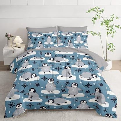 7Pcs Comforter Set Cartoon Penguin Black Snowflakes Printed Bedding Set with 1 Comforter,1 Flat Sheet,1 Fitted Sheet and 4 Pillowcases for Boys and Girls Bedroom All Season(Twin)
