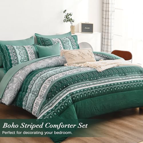 Cottolester Boho Comforter Set King Size,Teal Green Striped Bed in a Bag