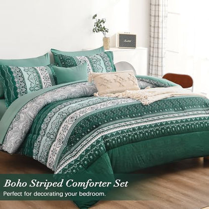 Cottolester Boho Comforter Set King Size,Teal Green Striped Bed in a Bag