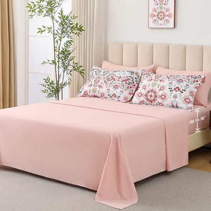 DHSFKBE Boho Comforter Set King - 7 Pieces Bed in a Bag Floral Design, Bohemian Comforter Set with Sheets, Soft Microfiber Complete Bedding Sets All Season (Light Pink, King)