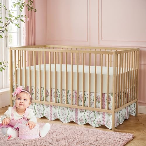 Brandream Scallop Edge Crib Skirt Organic Cotton Toddler Bedskirt Floral Stripes and Vines Baby Nursery Crib Bed Skirt Neutral Vintage Green Pink Floral Bouquet Farmhouse Chic Boho Bohemian Skirt
