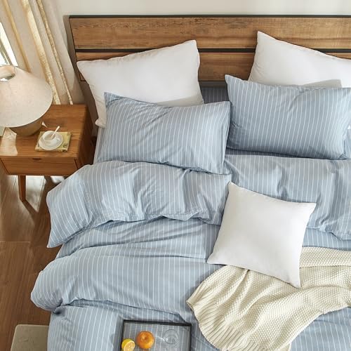 XINMIANFAN Blue Striped Duvet Cover Set King Size 100% Washed Cotton Linen Feel 3 Piece Bedding Set Comfy Breathable
