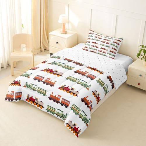 Feelyou Retro Train Comforter Set Toddler Size Vintage Steam Locomotive Down Bedding Set for Kids Boys Girls Transportation Vehicles Duvet Quilt Bedroom Decor Microfiber 2 Pcs with 1 Pillow Case