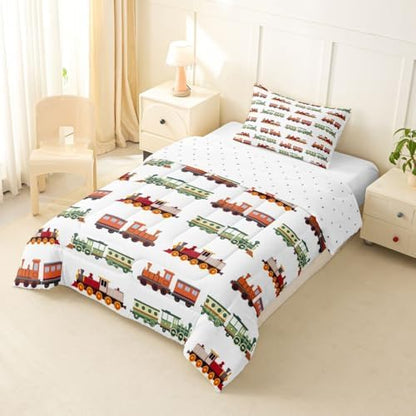 Feelyou Retro Train Comforter Set Toddler Size Vintage Steam Locomotive Down Bedding Set for Kids Boys Girls Transportation Vehicles Duvet Quilt Bedroom Decor Microfiber 2 Pcs with 1 Pillow Case