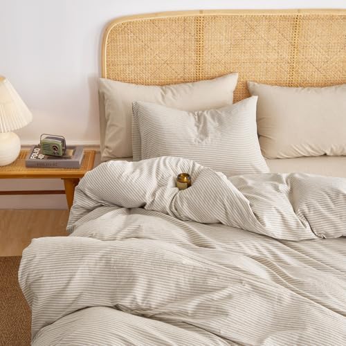 Wake In Cloud Striped Cotton Duvet Cover Set, Tan, Queen