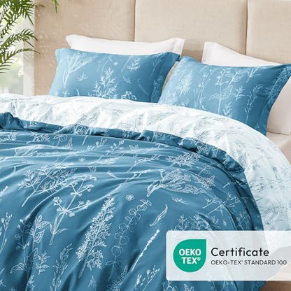 Love's cabin Mineral Blue Comforter Set Queen - Queen Size Comforter Set, 3 Pieces Cute Floral Bedding Sets for All Seasons,1 Soft Reversible Botanical Flowers Comforter and 2 Pillow Shams