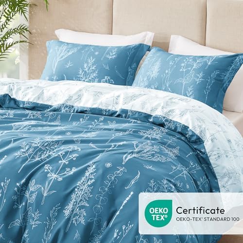 Love's cabin Mineral Blue Full Comforter Set - Full Size Comforter Set, 3 Pieces Cute Floral Bedding Sets for All Seasons,1 Soft Reversible Botanical Flowers Comforter and 2 Pillow Shams