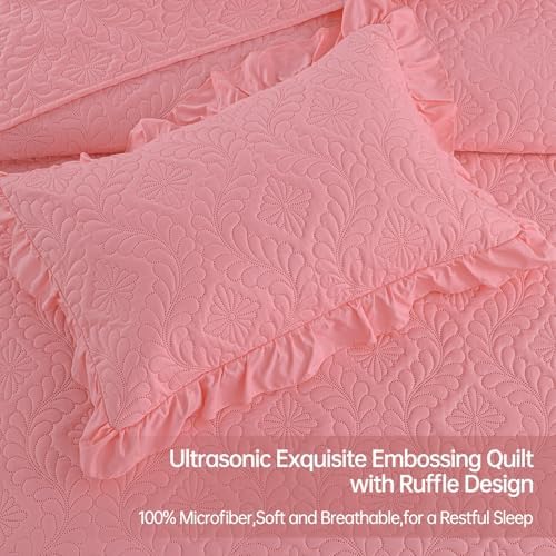 DJY Pink Quilt Set Twin Size Dorm Bedding, Ruffled Bedspreads