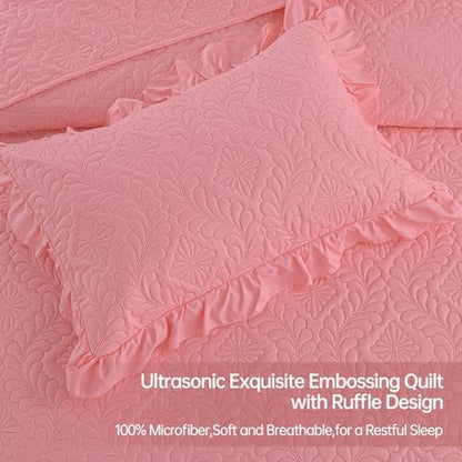 DJY Pink Quilt Set Twin Size Dorm Bedding, Ruffled Bedspreads