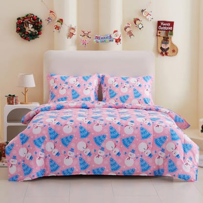 Yibeizi Pink Christmas Comforter Set Twin Kids Cute Snowman Xmas Bedding