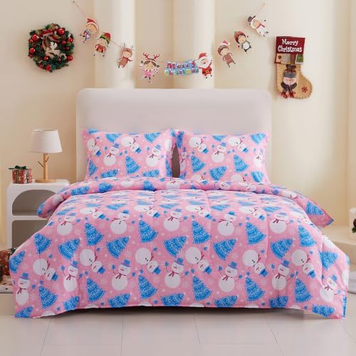 Yibeizi Pink Christmas Comforter Set Full Kids Cute Snowman Xmas Bedding