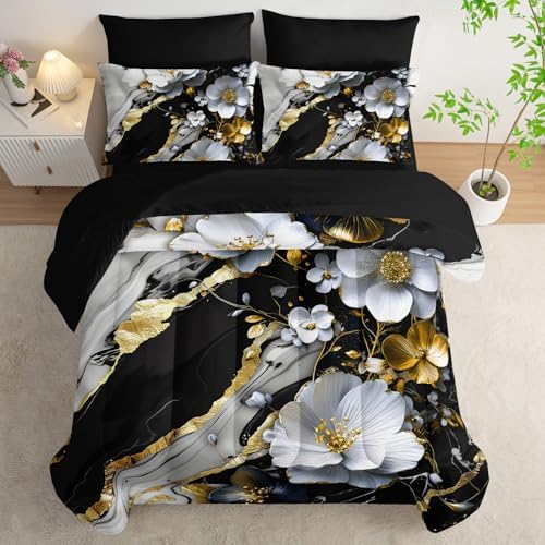 7 Piece Marble Floral Comforter Set Queen，Black and White Marble Bedding Set，Black and Gold Marble Bedroom Decor，(1 Comforter, 1 Flat Sheet, 1 Fitted Sheet, 2 Pillowcase and 2 Pillow Sham)
