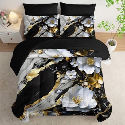 7 Piece Marble Floral Comforter Set Queen，Black and White Marble Bedding Set，Black and Gold Marble Bedroom Decor，(1 Comforter, 1 Flat Sheet, 1 Fitted Sheet, 2 Pillowcase and 2 Pillow Sham)