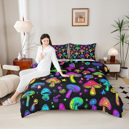 Boys Cute Mushroom Bedding Sets Full Size,Teen Girls Purple Black Hippie Mushrooms Comforter Set Kids Colorful Stars Botanical Bed Comforter Set Wild Plant Bedding Quilt Teal 2 Pillow Cases