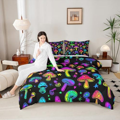 Boys Cute Mushroom Bedding Sets Full Size,Teen Girls Purple Black Hippie Mushrooms Comforter Set Kids Colorful Stars Botanical Bed Comforter Set Wild Plant Bedding Quilt Teal 2 Pillow Cases