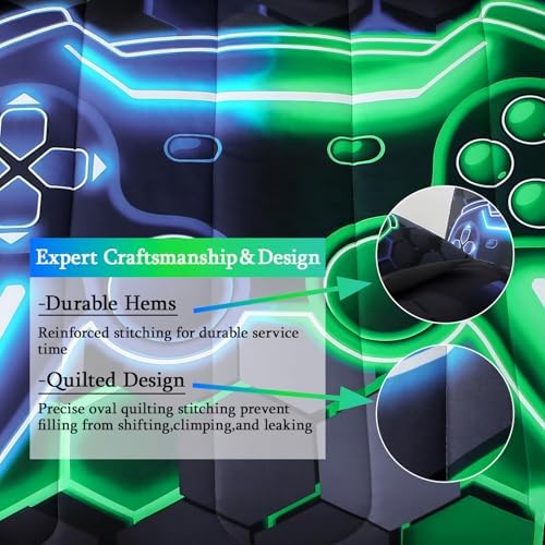 JQinHome Full Gaming Bedding Set 6-Piece Comforter for Kids Teens - 3D Video Game Console Print Bed in a Bag with Ultra-Soft Fluffy Sheets, Blue-Green Unisex Design (Full)