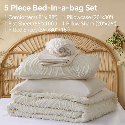 BEDELITE Twin XL Comforter Set 5 Pieces,Boho Bed in a Bag,Wavy-Cream White