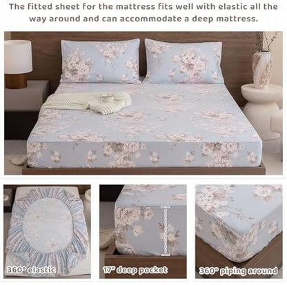 QSH Floral King Size Sheet Sets - 100% Egyptian Cotton Floral Bedding Sheets Blue Vintage Paisley Flower Pattern Printed Bedding King Size Bed Sheets 17.5" Extra Deep Pocket 4pcs