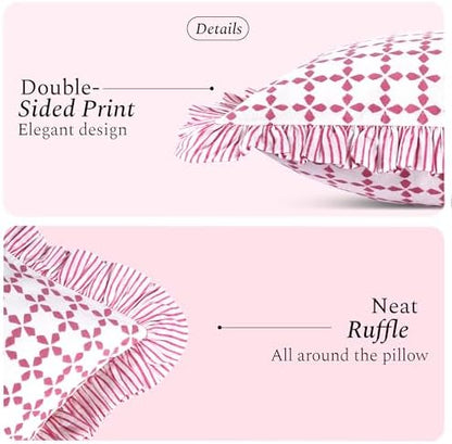 CPC Block Print Magenta Pink Ruffle Cotton Lumbar Pillow Cover 12x20 inch