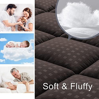 HYLEORY King Mattress Pad Quilted Fitted Mattress Protector Cooling Pillow Top Mattress Cover Breathable Fluffy Soft Mattress Topper with 8-21" Deep Pocket, Brown