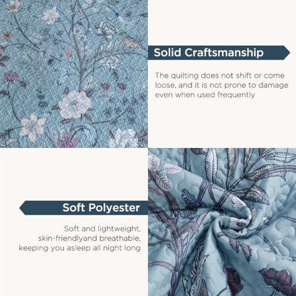 Litanika Floral Light Blue Quilt Queen - 3Pcs Botanical Birds Bedding Set