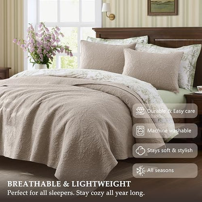 WDCOZY Queen 100% Cotton Paisley Quilt Bedding Set Beige Comforter