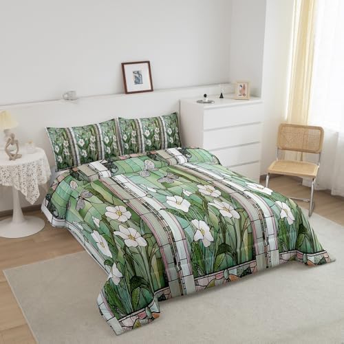 jejeloiu Stained Glass Comforter Set Twin Size Kids Meadow Floral Flower Bedding Set for Boys Girls Teens Spring Theme Duvet Breathable Butterfly Quilt Bedroom Decor,1 Comforter with 1 Pillowcase