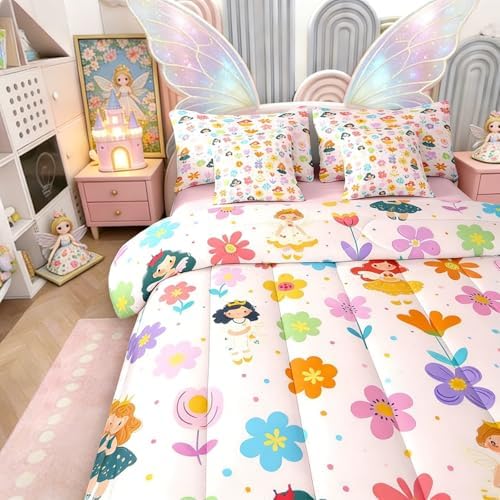 Erosebridal Cute Floral Bed in a Bag King Size Comforter Set 7-Piece | Kids Cartoon Fairy Princess Bedding Sets Rustic Flowers Comforter and Sheet Set, Kawaii Elf Room Decor,Pink