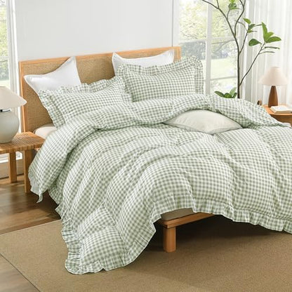Andency Sage Gingham Duvet Cover King, Ruffle Shabby Chic Bedding Set 3 Pcs