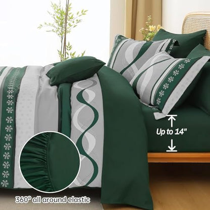 Anibedding Dark Green Comforter Set Full Size,8 Pieces Striped Bed in a Bag
