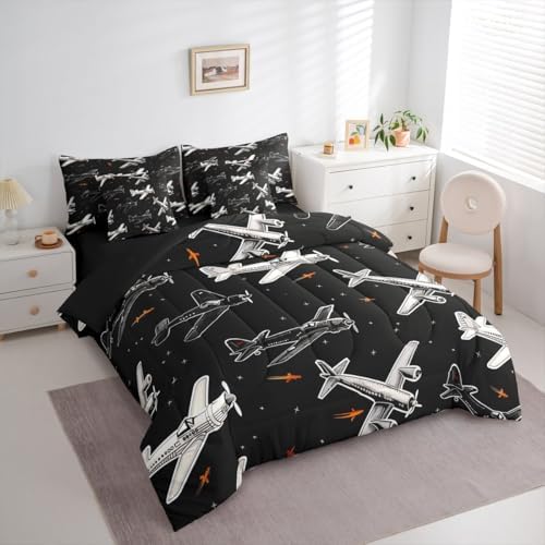 Erosebridal Boys Cartoon Airplane Queen Bed in A Bag, Modern Aircraft Comforter Set with Sheets, Black and White 7 Pcs Bedding Set, Aviation Theme Bed Sets for Kids Men Bedroom Decor
