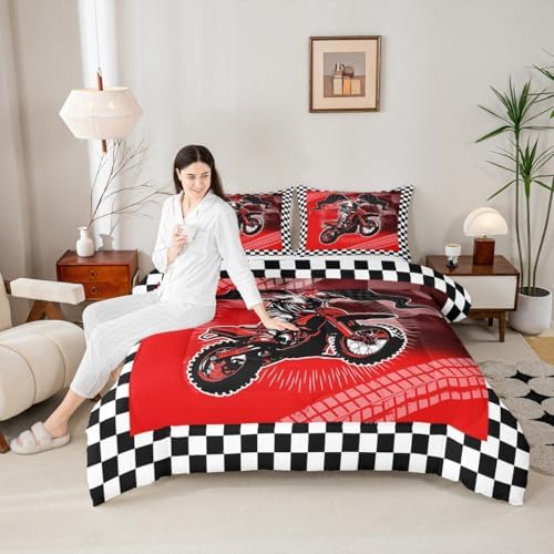 Feelyou Dirt Bike Comforter Set for Kids Boys Girls,Queen Size,Extreme Sports Bedding Set,Motorcycle Racer Duvet Quilt,Cool Motocross Comforter,Motorcycle Bedroom Decor