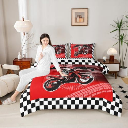 Feelyou Dirt Bike Comforter Set for Kids Boys Girls,Toddler Size,Extreme Sports Bedding Set,Motorcycle Racer Duvet Quilt,Cool Motocross Comforter,Motorcycle Bedroom Decor