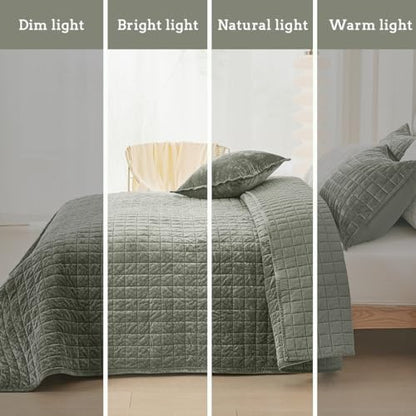 Quilt Set California King Size 106x118 Luxurious Velvet Bedding Sets with 2 Pillow Shams 20x36 3 Pieces Ultra Soft Quilted Bedspread Coverlet Comforter for All Season,Army Green