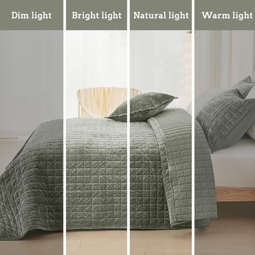 Quilt Set King Size 98x106 Luxurious Velvet Bedding Sets with 2 Pillow Shams 20x36 3 Pieces Ultra Soft Quilted Bedspread Coverlet Comforter for All Season,Army Green