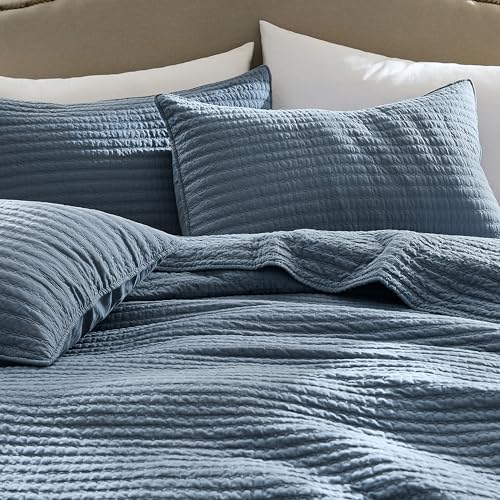 WDCOZY 100% Cotton California King Size Quilt Set, Pick Stitch, Dusty Blue
